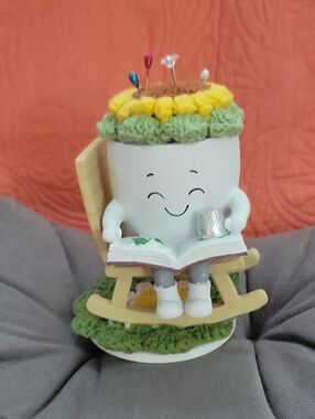 Handcrafted White Ceramic Pin Cushion Holder with Green and Yellow Accents